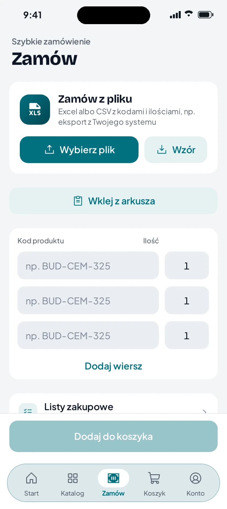 Aplikacja B2B: zamówienie z pliku i po kodach produktów